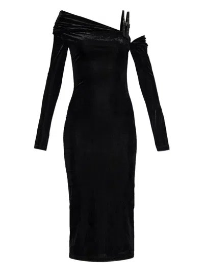 VERSACE JEANS COUTURE OFF-SHOULDER BUCKLE MIDI DRESS