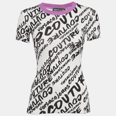 VERSACE JEANS COUTURE WHITE LOGO BRUSH PRINT COTTON CREW NECK T-SHIRT XS