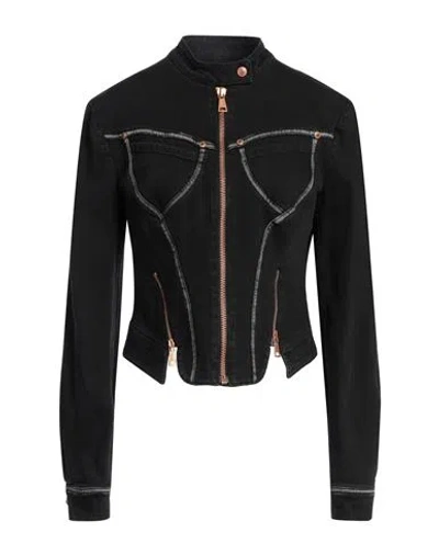 VERSACE JEANS COUTURE VERSACE JEANS COUTURE WOMAN DENIM OUTERWEAR BLACK SIZE 10 COTTON, ELASTANE
