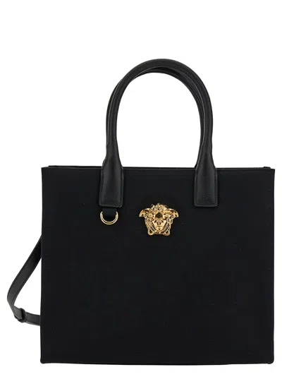 VERSACE LA MEDUSA SMALL BLACK TOTE BAG WITH LEATHER HANDLES AND LOGO DETAIL IN CANVAS WOMAN