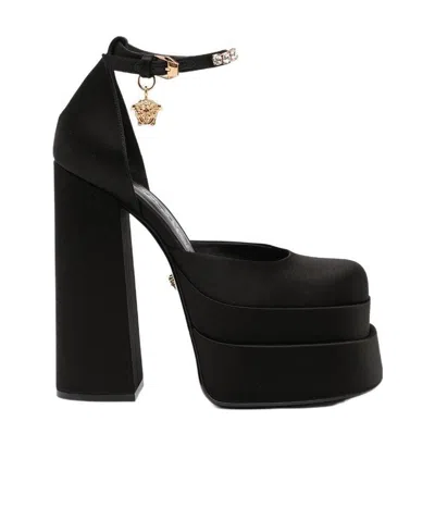 VERSACE VERSACE MEDUSA HEAD CHARM SATIN PLATFORM PUMPS