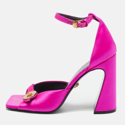 VERSACE PINK SATIN MEDUSA BLOCK HEEL ANKLE STRAP SANDALS SIZE 39