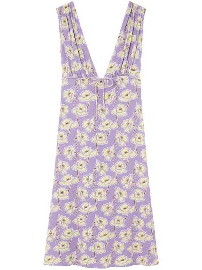 VERSACE POPPIES V-NECK MIDI DRESS