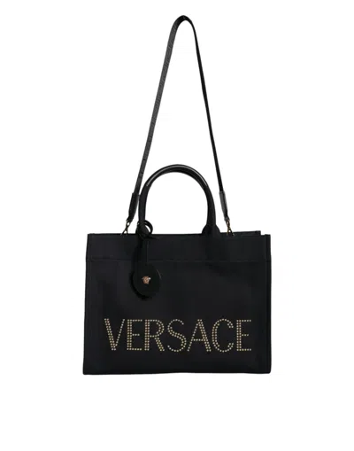 VERSACE TOP HANDLE CANVAS LEATHER LOGO CROSSBODY TOTE WOMEN'S BAG