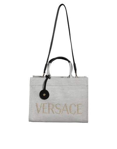 VERSACE TOP HANDLE CANVAS LEATHER LOGO CROSSBODY TOTE WOMEN'S BAG