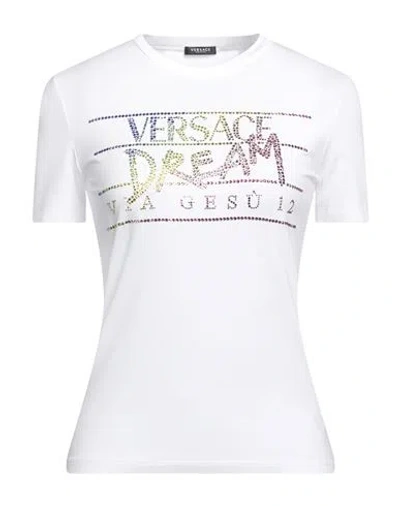 VERSACE VERSACE WOMAN T-SHIRT WHITE SIZE 4 VISCOSE, ELASTANE, GLASS