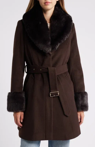 VIA SPIGA VIA SPIGA BELTED WOOL BLEND COAT WITH FAUX FUR TRIM