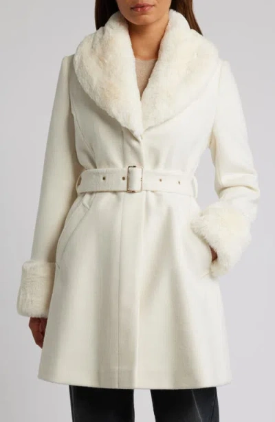 VIA SPIGA VIA SPIGA BELTED WOOL BLEND COAT WITH FAUX FUR TRIM