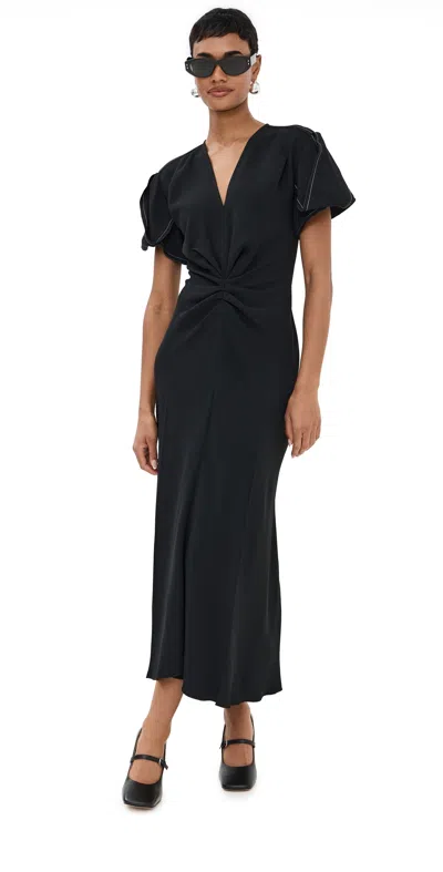 VICTORIA BECKHAM GATHERED V NECK MIDI DRESS BLACK