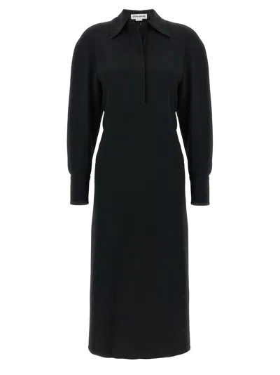 VICTORIA BECKHAM LONG SLEEVE POLO COLLAR MIDI DRESSES BLACK