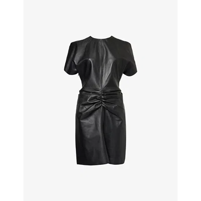 VICTORIA BECKHAM WOMENS BLACK RUCHED-FRONT SLEEVELESS LEATHER MINI DRESS