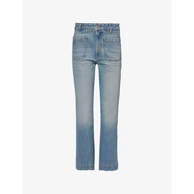 VICTORIA BECKHAM WOMENS PALE BLUE WASH ALINA PATCH-POCKETS STRAIGHT-LEG CROPPED DENIM JEANS