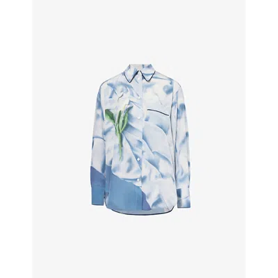 VICTORIA BECKHAM WOMENS SATIN FLOWERS ICE BLUE FLORAL-PRINT PIPING SILK PYJAMA SHIRT