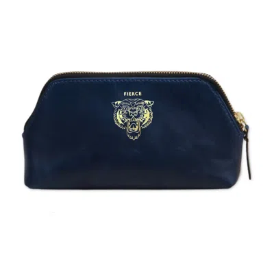 VIDA VIDA WOMEN'S BLUE NAVY LEATHER MAKE-UP BAG WITH FIERCE TIGER