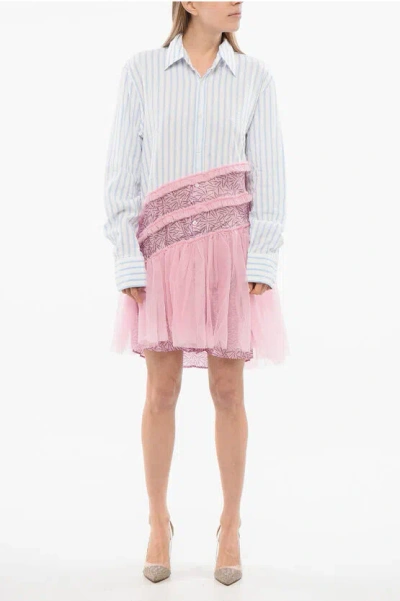 VIKTOR & ROLF TULLE Pinstriped Chemisier with Tulle Volant