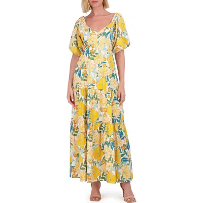VINCE CAMUTO VINCE CAMUTO FLORAL PUFF SLEEVE OPEN BACK MAXI DRESS