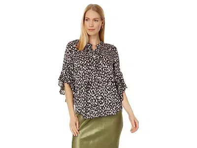 VINCE CAMUTO TOP WOMEN'S SMALL BLACK ANIMAL PRINT PIN TUCK RUFFLE SLEEVE JDM135 (BLACK,REGULAR,S)