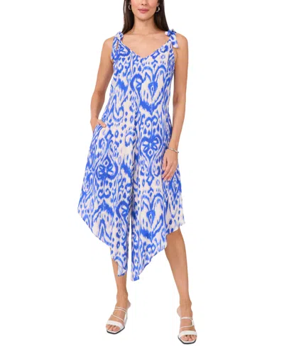 VINCE CAMUTO WOMEN'S PRINTED V-NECK SLEEVELESS TIE-SHOULDER ANGLED-HEM JUMPSUIT