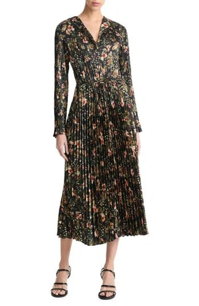 VINCE VINCE ORCHID VINE LONG SLEEVE MICROPLEAT MIDI DRESS