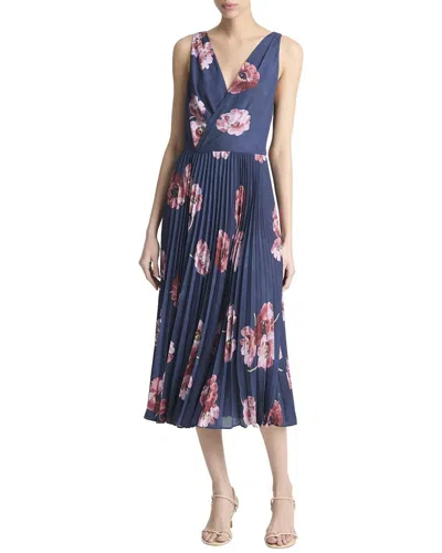 VINCE VINCE PAINTED POPPY PLEATED DRAPED V-NECK DRESS