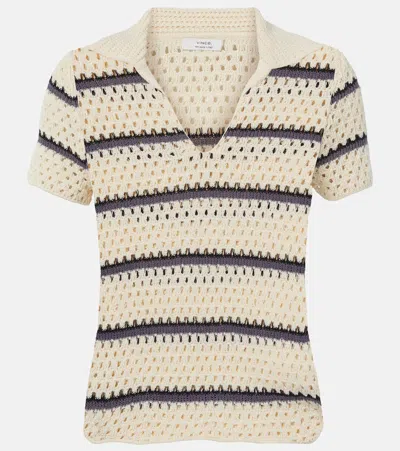 VINCE STRIPED POINTELLE POLO SWEATER