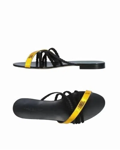 VISCONTI & DU REAU WOMEN'S SNAKE METALLIC STRAP LEATHER FLAT SANDALS IN BLACK