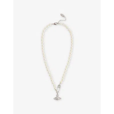 VIVIENNE WESTWOOD JEWELLERY MENS PLATINUM/CREAMROSE PEARL LUCRECE FAUX-PEARL ORB BRASS NECKLACE