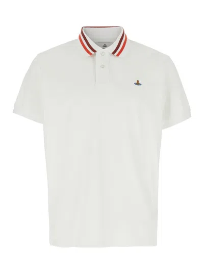 VIVIENNE WESTWOOD WHITE POLO SHIRT WITH CONTRASTING COLLAR AND ORB LOGO DETAIL ON THE FRONT IN COTTON MAN