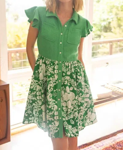 VOY GEORGINA FLORAL PRINT TWEED COLLARED DRESS IN KELLY GREEN