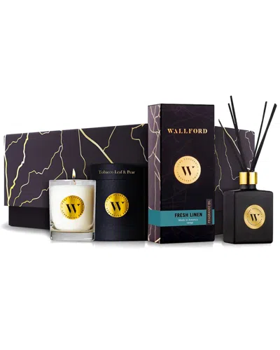 WALLFORD HOME FRAGRANCE WALLFORD 2PC CANDLE WITH TOBACCO LEAF & PEAR & FRESH LINEN REED DIFFUSER SET