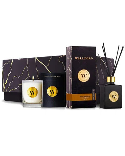 WALLFORD HOME FRAGRANCE WALLFORD 2PC CANDLE WITH TOBACCO LEAF & PEAR & HOTEL COLLECTION REED DIFFUSER SET