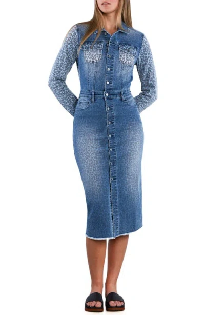 WASH LAB DENIM WASH LAB DENIM ANIMAL PRINT LONG SLEEVE DENIM MIDI SHIRTDRESS