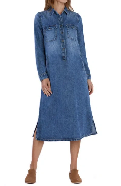 WASH LAB DENIM WASH LAB DENIM FAB LONG SLEEVE DENIM MIDI SHIRTDRESS