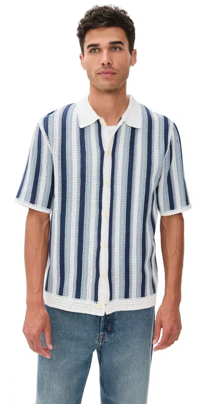 WAX LONDON STRIPE CROCHET PORTO SHIRT BLUE/ECRU