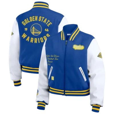 WEAR BY ERIN ANDREWS WEAR BY ERIN ANDREWS ROYAL/WHITE GOLDEN STATE WARRIORS CROPPED VARSITY FULL-ZIP JACKET