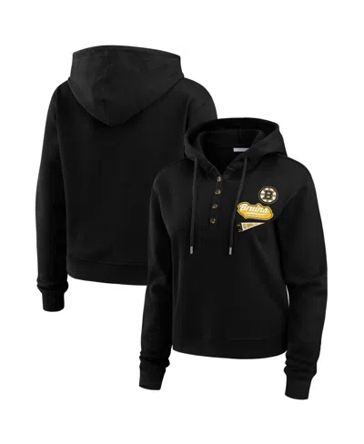 WEAR BY ERIN ANDREWS WOMEN'S BLACK BOSTON BRUINS WAFFLE-KNIT PULLOVER HOODIE
