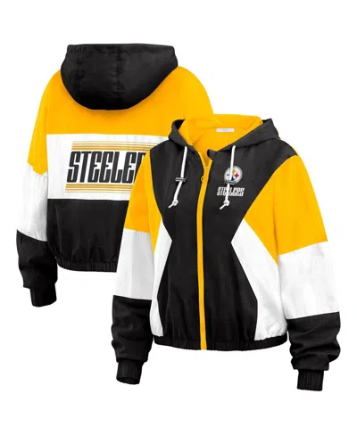 WEAR BY ERIN ANDREWS WOMEN'S BLACK PITTSBURGH STEELERS COLOR BLOCK FULL-ZIP WINDBREAKER JACKET