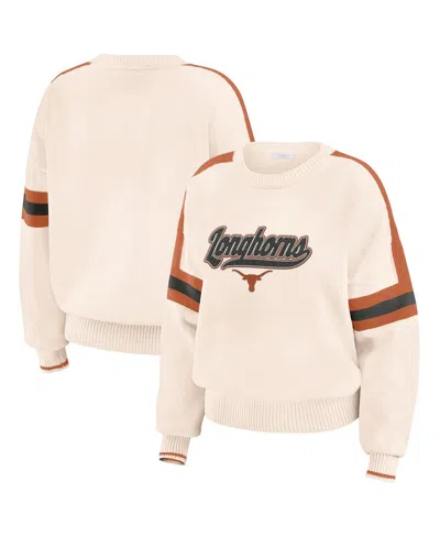 WEAR BY ERIN ANDREWS WOMEN'S CREAM TEXAS LONGHORNS CHENILLE WOVEN PATCH STRIPE PULLOVER SWEATER