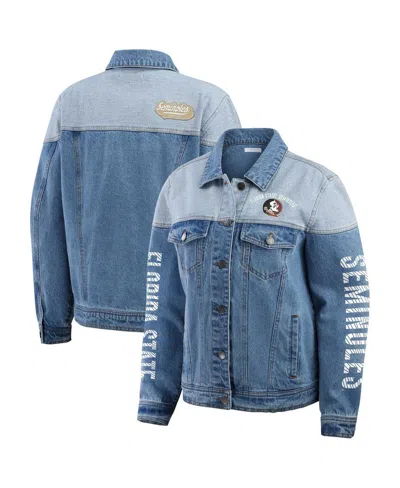 WEAR BY ERIN ANDREWS WOMEN'S DENIM FLORIDA STATE SEMINOLES SLEEVE HIT COLOR BLOCK BUTTON-DOWN DENIM JACKET