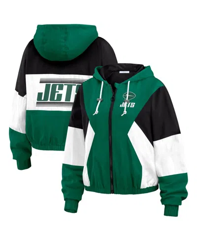 WEAR BY ERIN ANDREWS WOMEN'S GREEN NEW YORK JETS COLOR BLOCK FULL-ZIP WINDBREAKER JACKET