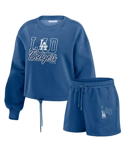 WEAR BY ERIN ANDREWS WOMEN'S NAVY LOS ANGELES DODGERS WASHED FLEECE SWEATSHIRT SHORTS LOUNGE SET