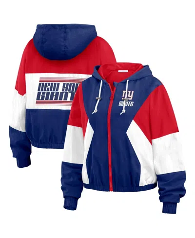 WEAR BY ERIN ANDREWS WOMEN'S ROYAL NEW YORK GIANTS COLOR BLOCK FULL-ZIP WINDBREAKER JACKET