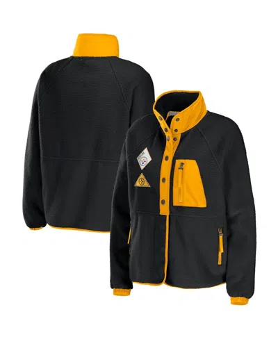 WEAR BY ERIN ANDREWS WOMEN'S WEAR BY ERIN ANDREWS BLACK PITTSBURGH STEELERS POLAR FLEECE RAGLAN FULL-SNAP JACKET