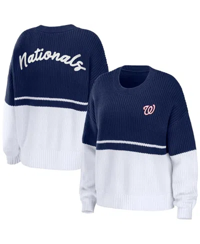 WEAR BY ERIN ANDREWS WOMEN'S WEAR BY ERIN ANDREWS NAVY, WHITE WASHINGTON NATIONALS CHUNKY PULLOVER SWEATER