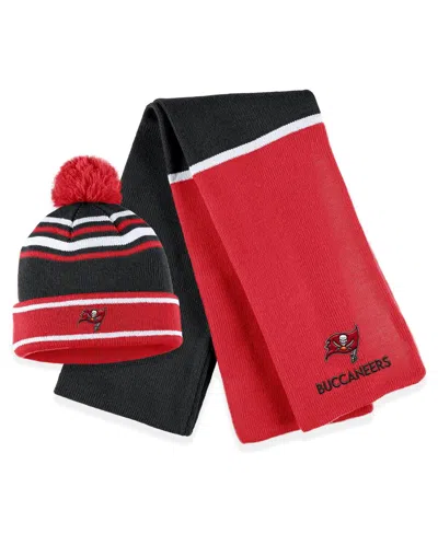 WEAR BY ERIN ANDREWS WOMEN'S WEAR BY ERIN ANDREWS RED TAMPA BAY BUCCANEERS COLORBLOCK CUFFED KNIT HAT WITH POM AND SCARF 
