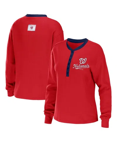 WEAR BY ERIN ANDREWS WOMEN'S WEAR BY ERIN ANDREWS RED WASHINGTON NATIONALS WAFFLE HENLEY LONG SLEEVE T-SHIRT