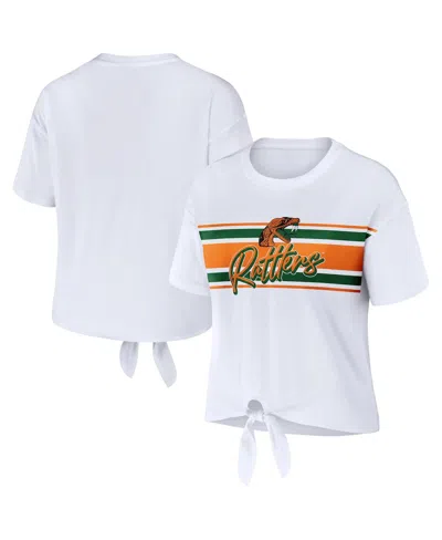 WEAR BY ERIN ANDREWS WOMEN'S WEAR BY ERIN ANDREWS WHITE FLORIDA A&M RATTLERS STRIPED FRONT KNOT CROPPED T-SHIRT