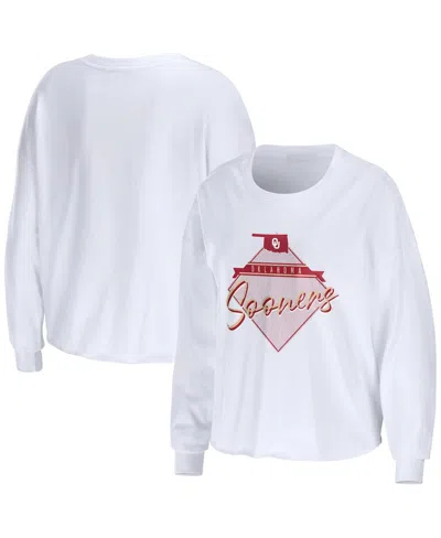 WEAR BY ERIN ANDREWS WOMEN'S WEAR BY ERIN ANDREWS WHITE OKLAHOMA SOONERS DIAMOND LONG SLEEVE CROPPED T-SHIRT