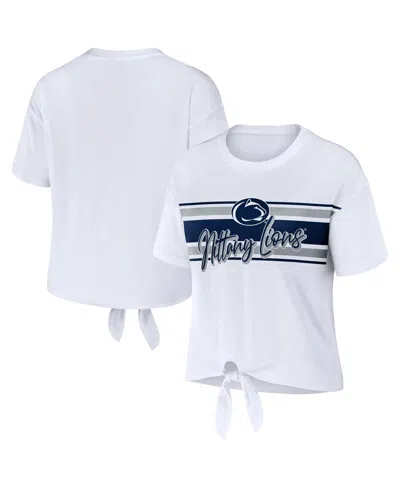 WEAR BY ERIN ANDREWS WOMEN'S WEAR BY ERIN ANDREWS WHITE PENN STATE NITTANY LIONS STRIPED FRONT KNOT CROPPED T-SHIRT