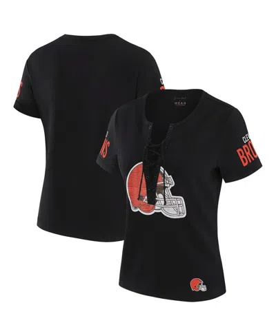 WEAR BY ERIN ANDREWS X GRACIE HUNT WOMEN'S BLACK CLEVELAND BROWNS DRAFT ME LACE-UP T-SHIRT